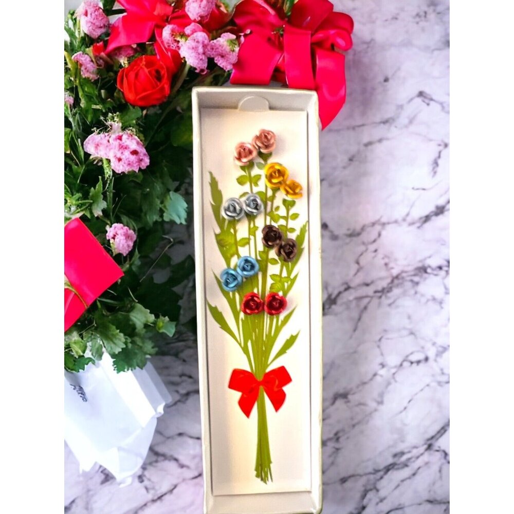 Lovely Gift Box with 6 Pairs Colored Roses Flower Bud Post Stud Earrings